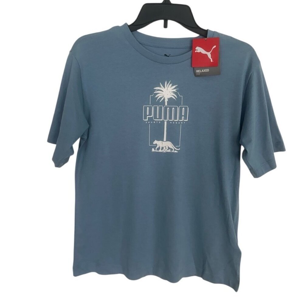 Puma Essential Palm Resort Graphic Crew Neck Short Sleeve T-Shirt Womens Blue XS